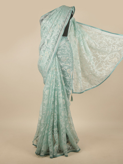 

Pothys Green & Gold-Toned Floral Beads and Stones Saree