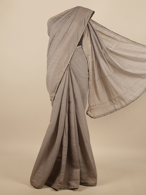 

Pothys Grey & Silver-Toned Striped Sequinned Jute Silk Poly Chiffon Saree
