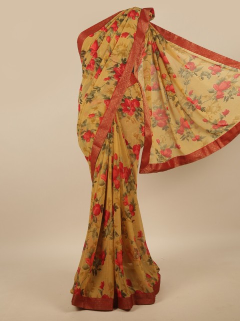 

Pothys Mustard & Red Floral Zari Saree