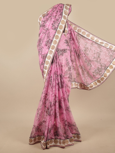 

Pothys Pink & Grey Floral Poly Chiffon Saree