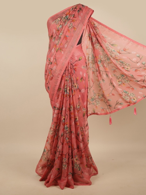 

Pothys Coral & Blue Floral Poly Chiffon Saree