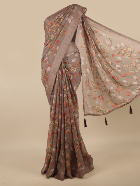 

Pothys Grey & Orange Floral Beads and Stones Poly Chiffon Saree