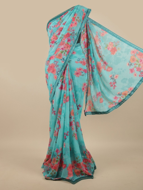 

Pothys Turquoise Blue & Pink Floral Poly Chiffon Saree