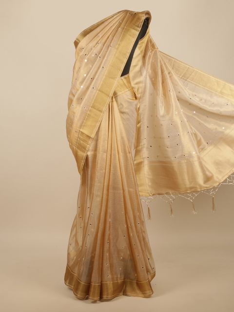 

Pothys Cream-Coloured & Gold-Toned Embellished Zari Jute Silk Saree