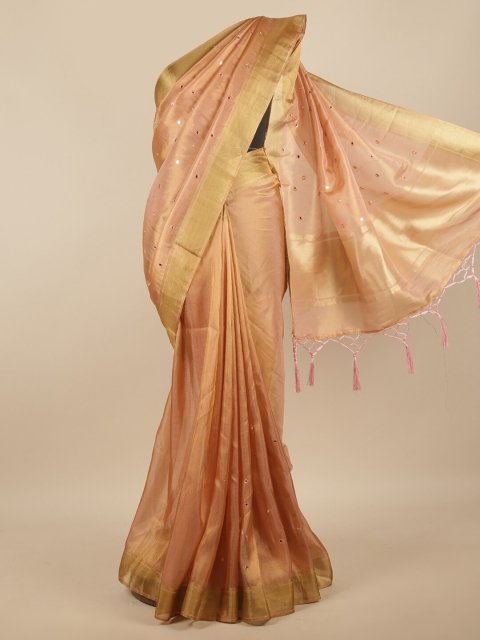

Pothys Peach-Coloured & Gold-Toned Embellished Mirror Work Jute Silk Saree