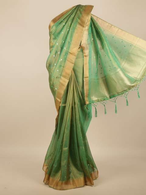 

Pothys Green & Gold-Toned Embellished Zari Jute Silk Saree