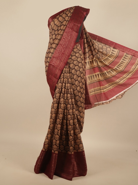 

Pothys Brown & Maroon Floral Zari Cotton Blend Saree