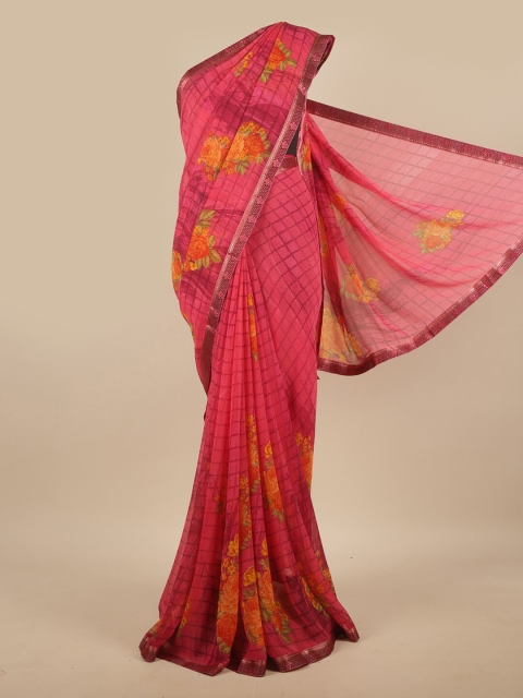 

Pothys Pink & Orange Floral Beads and Stones Poly Chiffon Saree