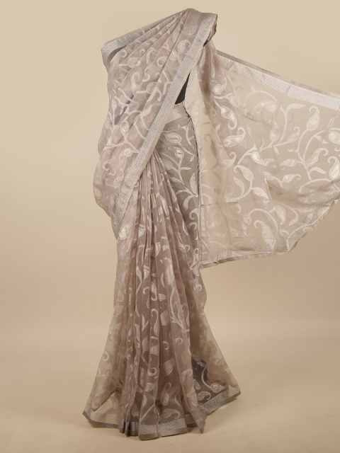 

Pothys Grey & Gold-Toned Paisley Beads and Stones Poly Chiffon Saree