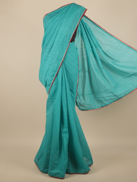 

Pothys Teal & Red Striped Sequinned Jute Silk Saree