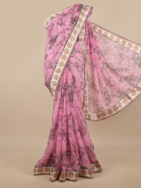 

Pothys Pink & White Floral Beads and Stones Poly Chiffon Saree