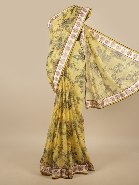 

Pothys Yellow & Grey Floral Beads and Stones Poly Chiffon Saree