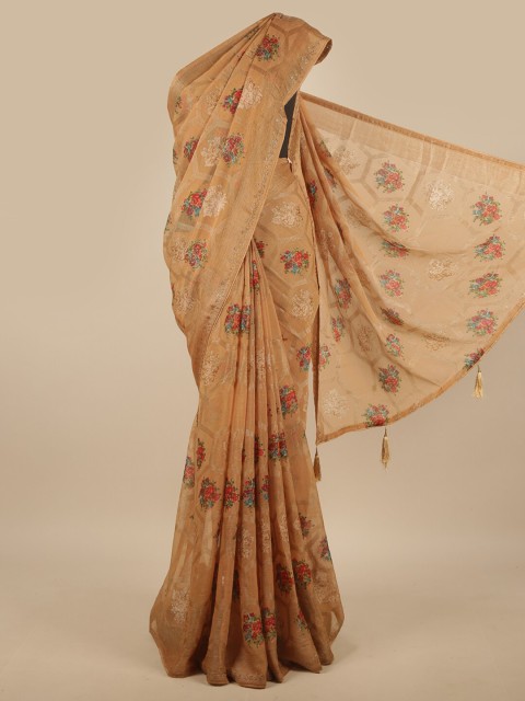 

Pothys Brown & Red Floral Beads and Stones Poly Chiffon Saree