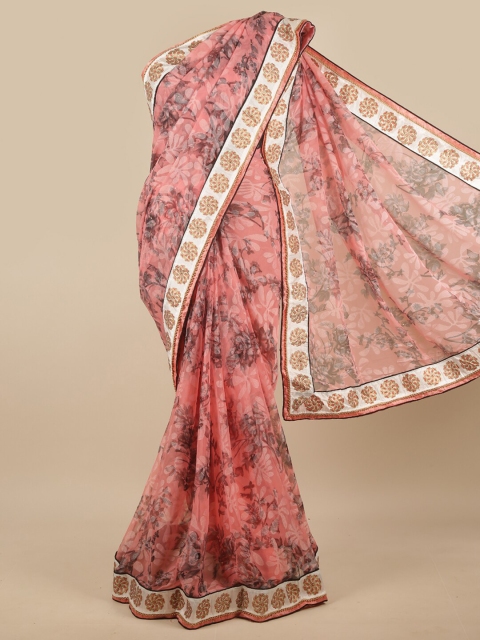 

Pothys Pink & White Floral Beads and Stones Poly Chiffon Saree