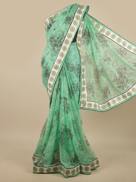 

Pothys Green & White Floral Beads and Stones Poly Chiffon Saree