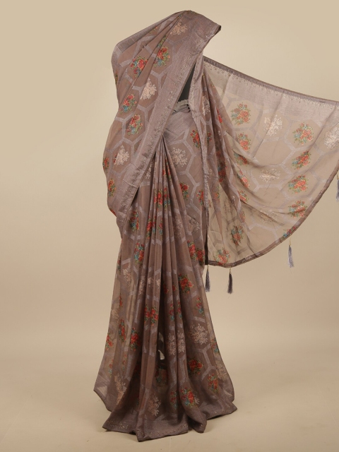 

Pothys Grey Floral Printed Poly Chiffon Saree