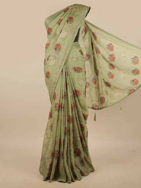 

Pothys Green & Red Floral Beads and Stones Poly Chiffon Saree