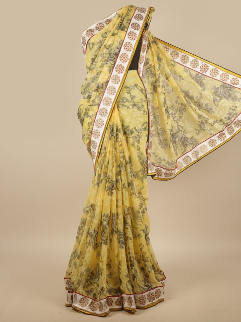 

Pothys Yellow & White Floral Beads and Stones Poly Chiffon Saree