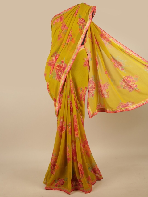 

Pothys Olive Green & Red Floral Beads and Stones Poly Chiffon Saree
