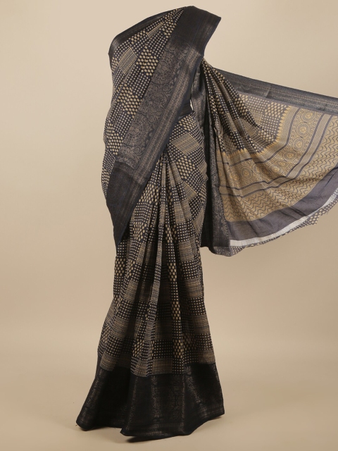 

Pothys Navy Blue & Beige Zari Cotton Blend Saree