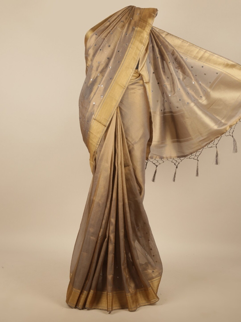 

Pothys Grey & Gold-Toned Embellished Mirror Work Jute Silk Saree