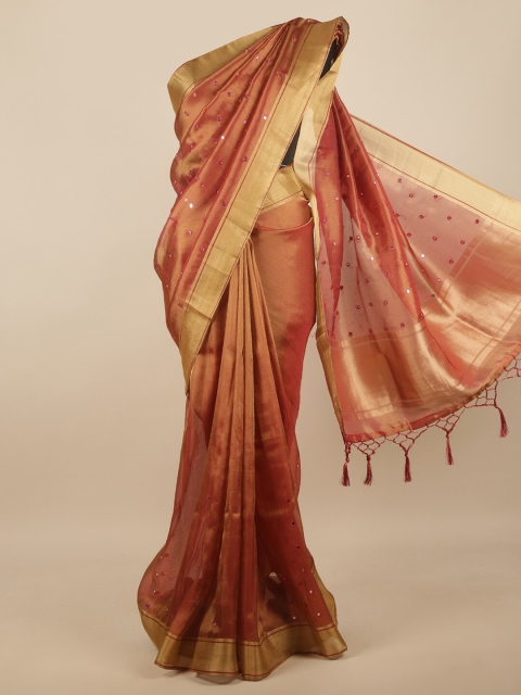 

Pothys Copper-Toned & Gold-Toned Embellished Mirror Work Jute Silk Saree