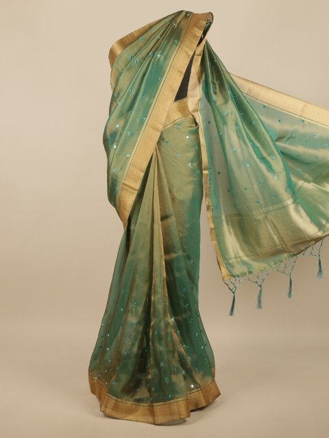 

Pothys Green & Gold-Toned Embellished Mirror Work Jute Silk Saree