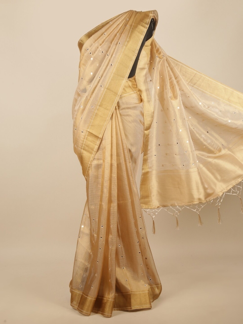 

Pothys Cream-Coloured & Gold-Toned Embellished Mirror Work Jute Silk Saree