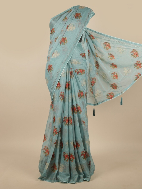 

Pothys Turquoise Blue & Red Floral Beads and Stones Poly Chiffon Saree