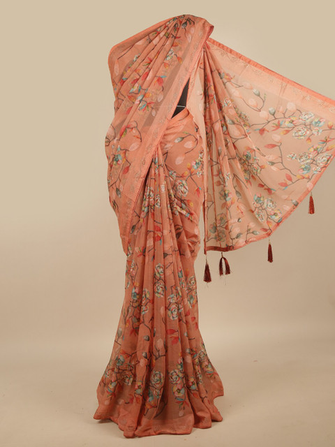 

Pothys Peach-Coloured & Red Floral Beads and Stones Saree