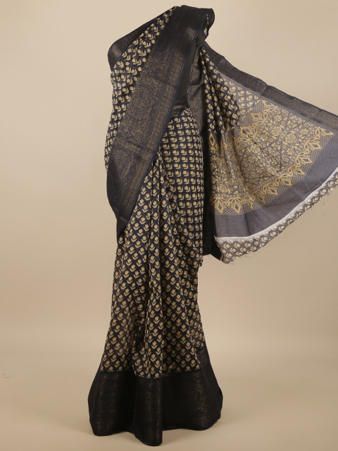 

Pothys Navy Blue & Cream-Coloured Floral Cotton Blend Zari Saree