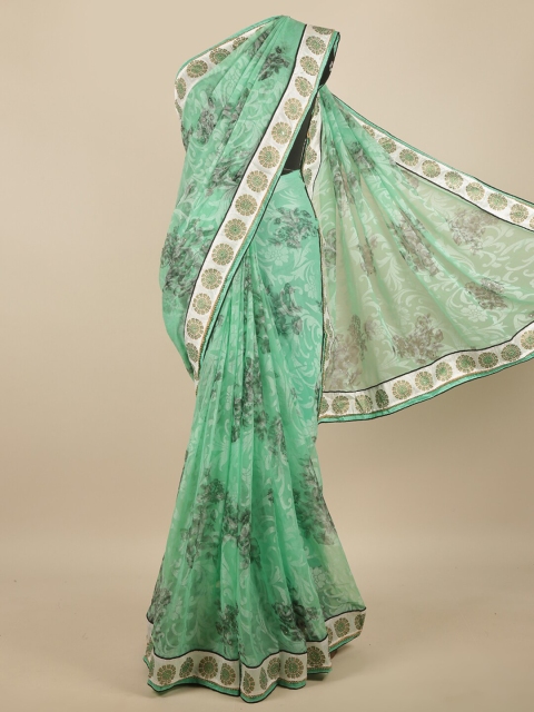 

Pothys Green & White Floral Beads and Stones Poly Chiffon Saree