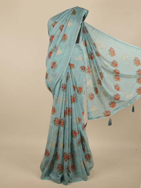 

Pothys Turquoise Blue & Red Floral Beads and Stones Poly Chiffon Saree