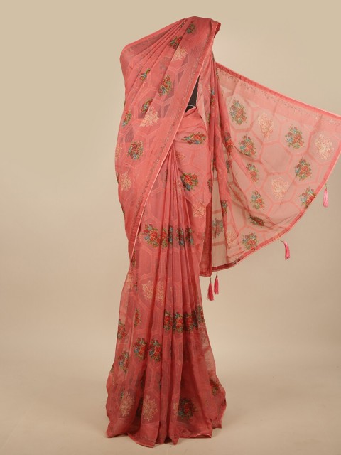 

Pothys Coral & Red Floral Beads and Stones Poly Chiffon Saree
