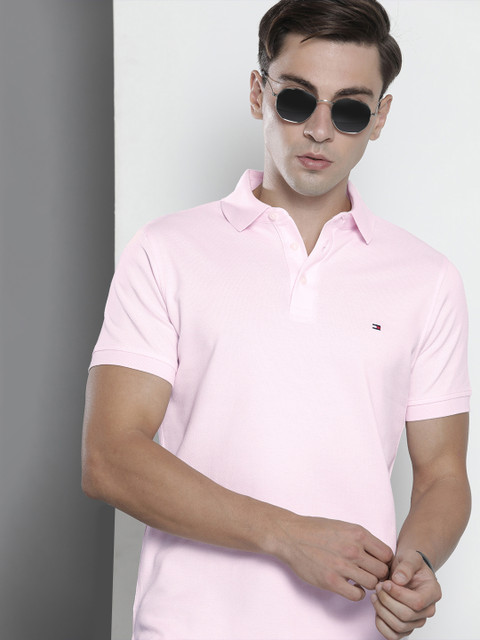 

Tommy Hilfiger Men Light Pink Self Design Polo Collar Slim Fit Casual T-shirt