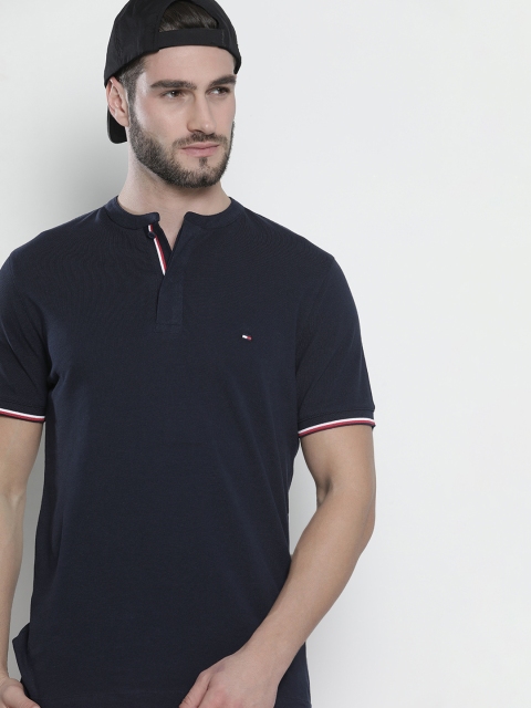 

Tommy Hilfiger Men Navy Blue Solid Mandarin Collar Pure Cotton Slim Fit T-shirt