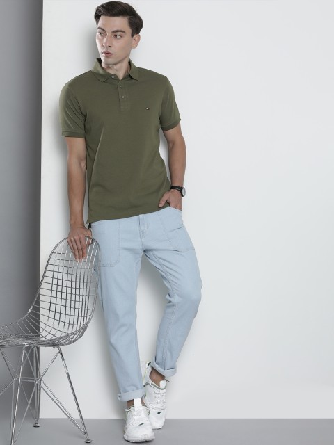 

Tommy Hilfiger Men Olive Green Self Design Polo Collar Slim Fit T-shirt