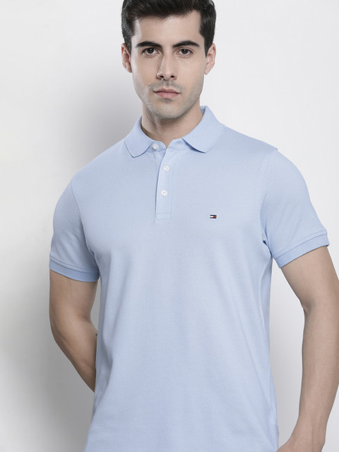 

Tommy Hilfiger Men Blue Self Design Polo Collar Pure Cotton Slim Fit T-shirt