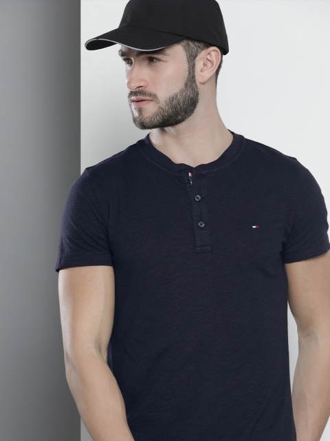 

Tommy Hilfiger Men Navy Blue Henley Neck Pure Cotton Slim Fit T-shirt