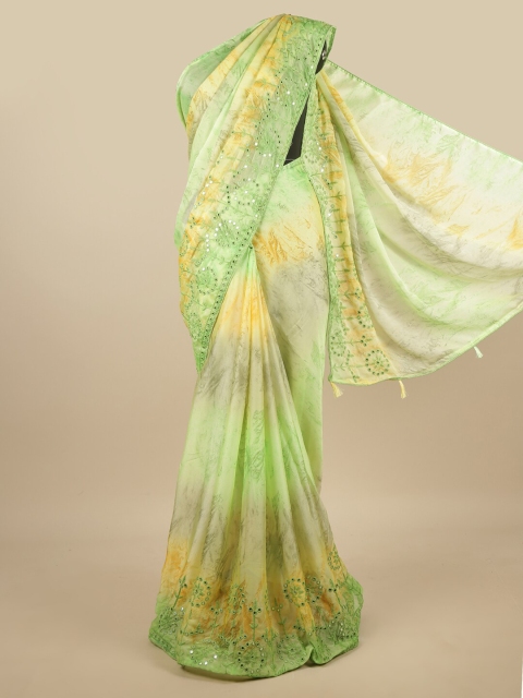 

Pothys Yellow & Green Mirror Work Poly Chiffon Saree