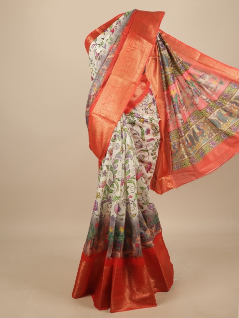 

Pothys Cream-Coloured & Red Kalamkari Zari Saree