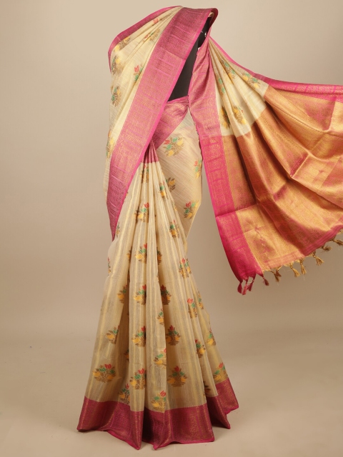 

Pothys Cream-Coloured & Pink Floral Zari Jute Silk Saree