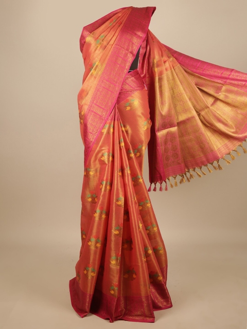 

Pothys Orange & Pink Floral Zari Jute Silk Saree