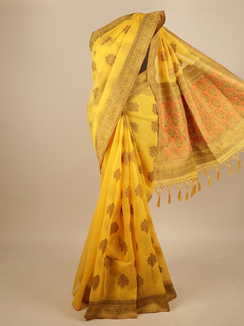 

Pothys Yellow & Gold-Toned Woven Design Zari Jute Silk Saree