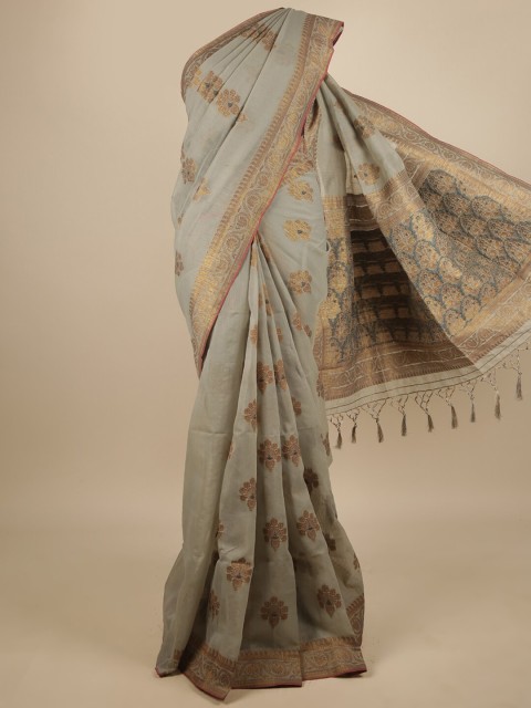 

Pothys Grey & Gold-Toned Floral Zari Jute Silk Saree