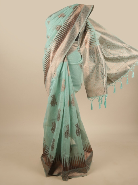 

Pothys Turquoise Blue & Gold-Toned Ethnic Motifs Zari Jute Silk Saree