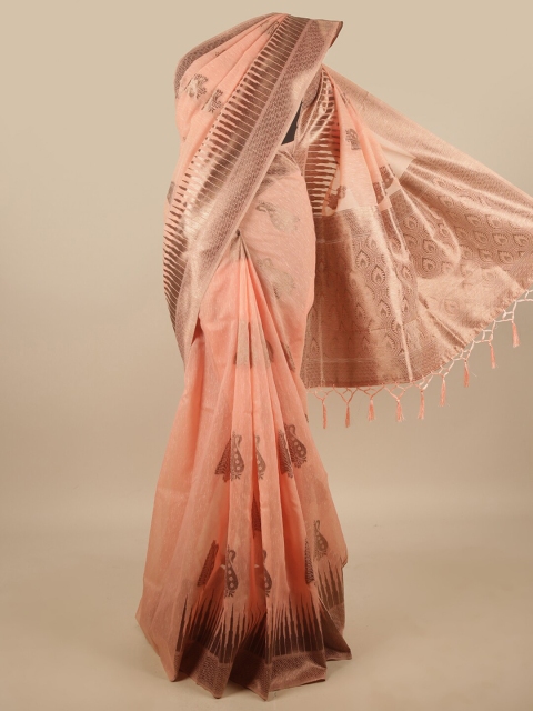 

Pothys Peach-Coloured & Gold-Toned Ethnic Motifs Zari Jute Silk Saree