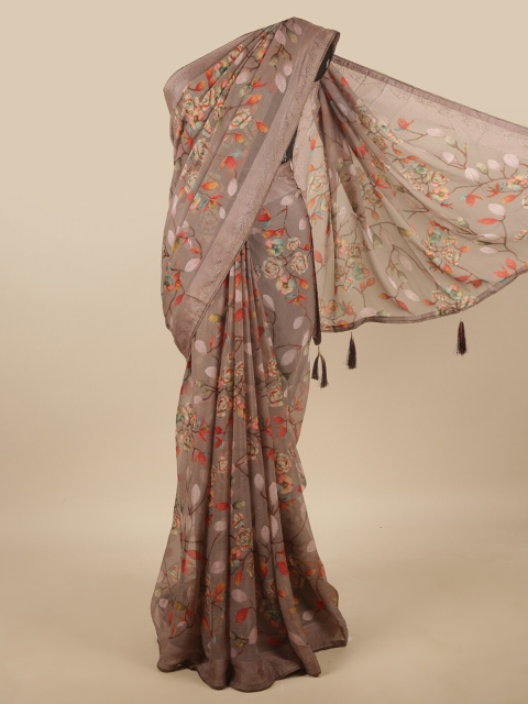 

Pothys Grey & Red Floral Beads and Stones Poly Chiffon Saree