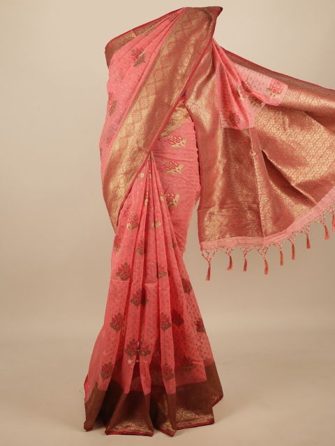 

Pothys Pink & Gold-Toned Ethnic Motifs Zari Jute Silk Saree