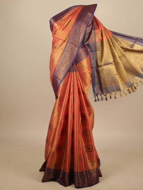 

Pothys Orange & Blue Floral Zari Jute Silk Saree